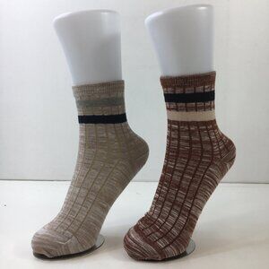 Womens Crew Socks Set 2 Striped Plaid Beige Red Blue Gray